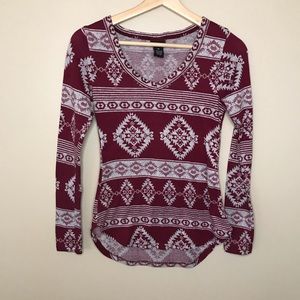 RUE21 Long Sleeve Rounded Hem Top with Aztec Print